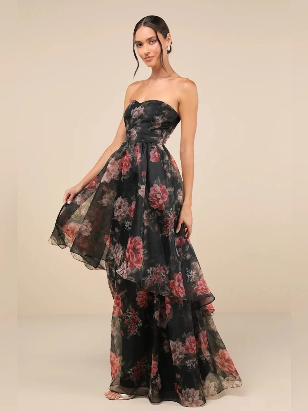 Lulus Truly Extraordinary Black Floral Organza Strapless Maxi Dress Size XS NWT - Picture 4 of 11